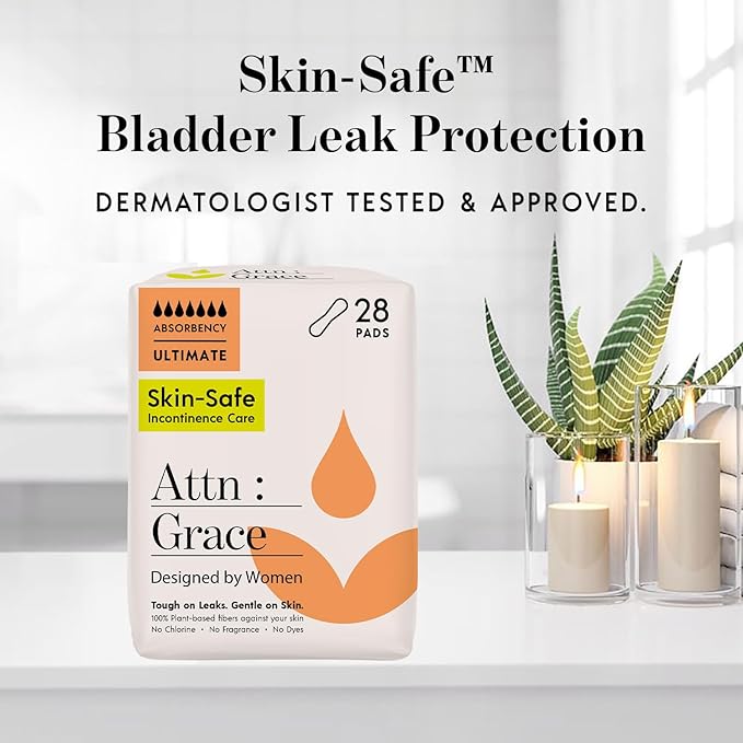 Attn: Grace Ultimate Incontinence Pads for Women, 2-Pack Adult (56 Total, 28/Pack) - High Absorbency, Breathable, Plant-Based - Overnight Pads for Heavy Bladder Leaks & Sensitive Skin