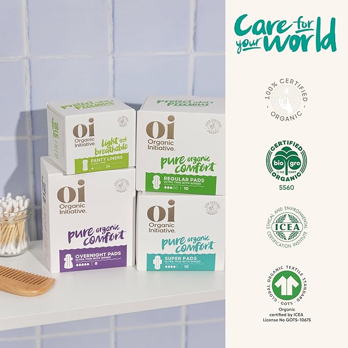Oi | Organic Initiative - Ultra-Thin Pads with Wings | Super | 100% Certified Organic Cotton, Unscented | Leak Free, Biodegradable | Non-GMO, Toxin Free | 20 Pads