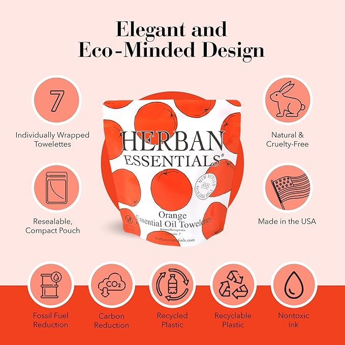 Herban Essentials - Orange Wipes & Towelettes - Essential Oil Wipes for Make Up, Hands, Face & Body - Travel Size Essentials & Toiletries - Natural, Individually Wrapped, Disposable & Moist (7 count)