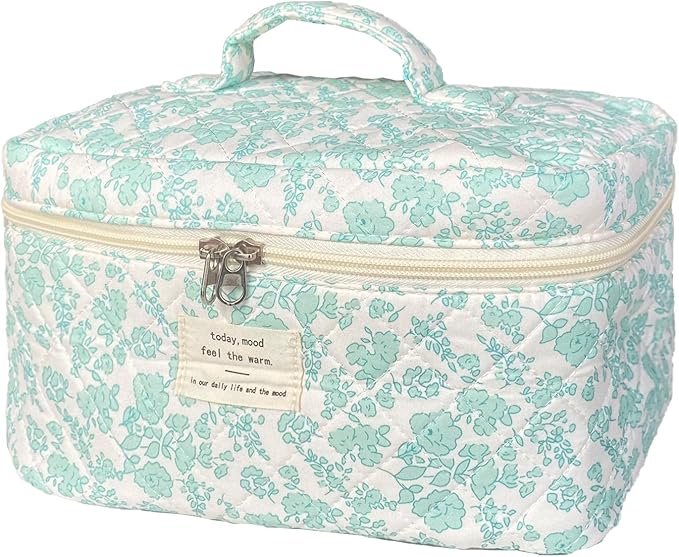 Green Large Quilted Floral Makeup Bag Cute Soft Coquette Aesthetic Cosmetic Bag Cotton Travel Toiletry Bag for Women