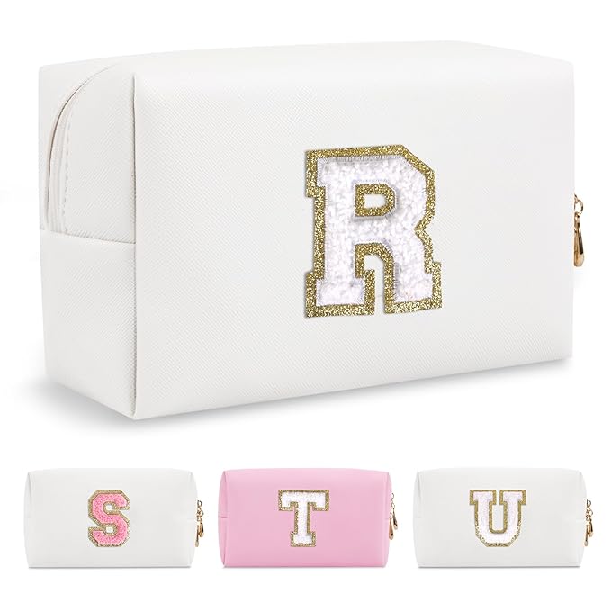 Small Personalized Initial A-Z Preppy Patch Makeup Bag,White PU Chenille Letter Travel Cosmetic Pouch with Zipper,Cute Toiletry Bag,Gift Ideal for Teen Girls Women Teacher Bridesmaid,Letter R