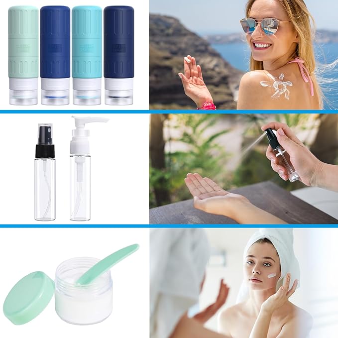 GLAMFIELDS Travel Bottles for Toiletries,TSA Approved 3.3oz Size LeakProof Silicone Toiletry Containers for Shampoo, Conditioner,Easy to Squeeze，Portable Travel Essentials for Lotion(18 Pack) Blue