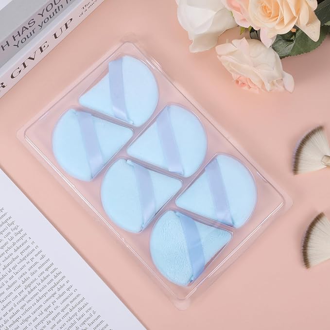 Pimoys 6 Pieces Powder Puff Face Soft Triangle Makeup Puff for Loose Powder Setting Powder, Velour Makeup Blender Sponge Set Beauty Makeup Tool, Blue