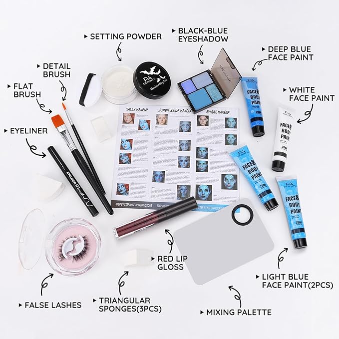 Halloween for Sally& Corpse Bride Makeup Kit, Water-Based Face Paint Set with Blue Face Paint Red Lip Gloss for Avatar Smurf Costume Cosplay, Halloween Cosplay SFX Makeup Set for Party