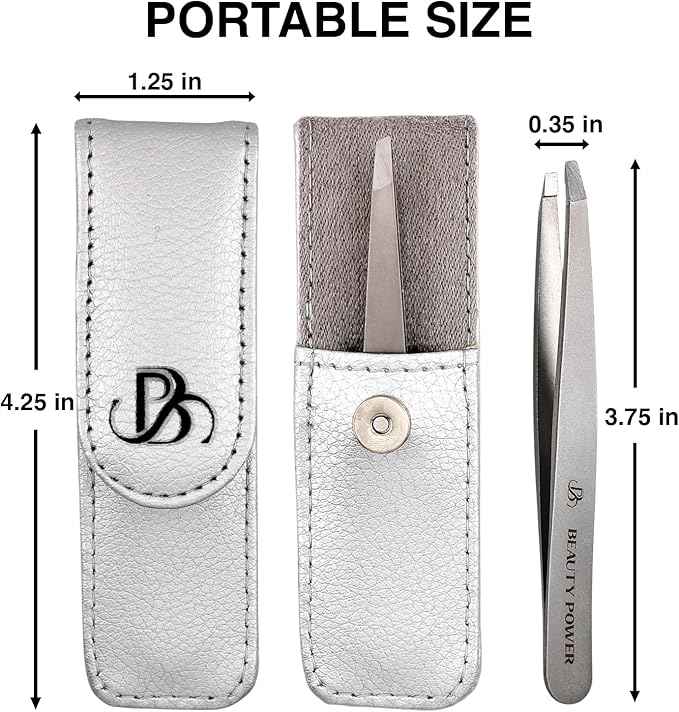 Professional Tweezers in Case - Slant, Durable Lightweight German Stainless Steel, Ultra Precision Tweezers for Eyebrows, Facial Hair, Chin, and Ingrown Hair Removal - Gift (Matte Gray)