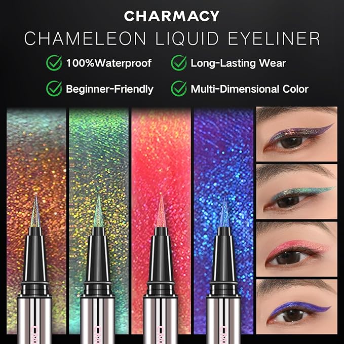 CHARMACY New Chameleon Liquid Eyeliner, Liquid Glitter Eyeliner, Highly Pigmented, Metallic MultiColor Shifting waterproof Eyeliner, Ultra-Fine Tip, Longwearing, Smudge-proof (A02 Mystic Mirage)