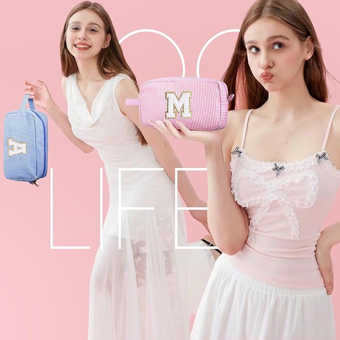 YOOLIFE Makeup Bag for Women - Monogram Cute Initial Pink Makeup Bags Cosmetic Toiletry Pouch Make Up Case for Women Her Best Friend Friendship Sister Teacher, Personalized Birthday Gifts for Women K