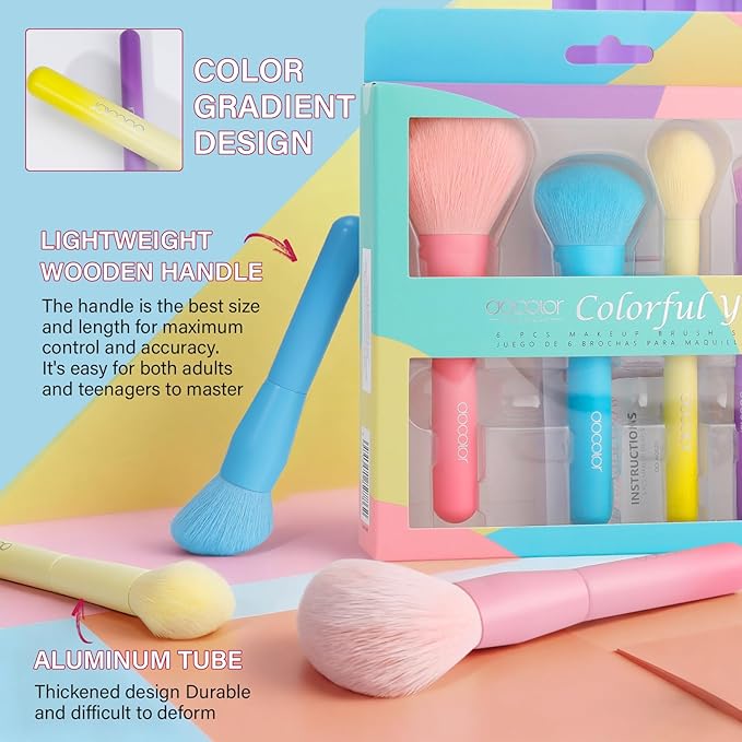 docolor 6 Piece Makeup Brush Set for for full face and eye makeup application, for Foundation, Powder, Blush, Contour, Concealer ＆ Eyeshadow, Mini Makeup Brushes Travel Gift Set Cruelty-Free & Vegan