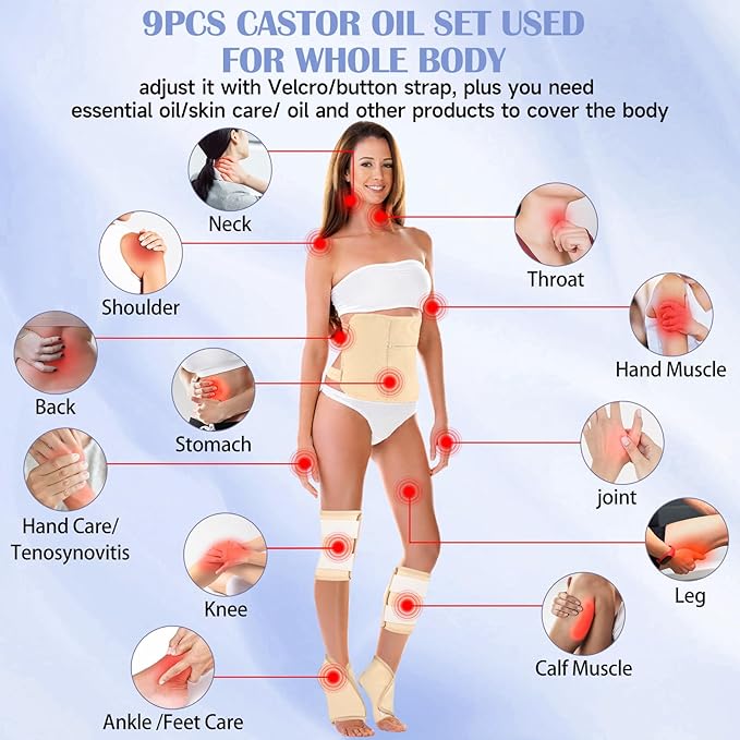 Castor Oil Pack Wrap, 9 Pcs Organic Castor Oil Packs Kit for Neck Shoulder Waist Back Hand Knee Leg and Feet, Castor Oil Patches Reusable Pads Kit for Hot/Cold Oil Wrap Compress for Woman/Man【Khaki】