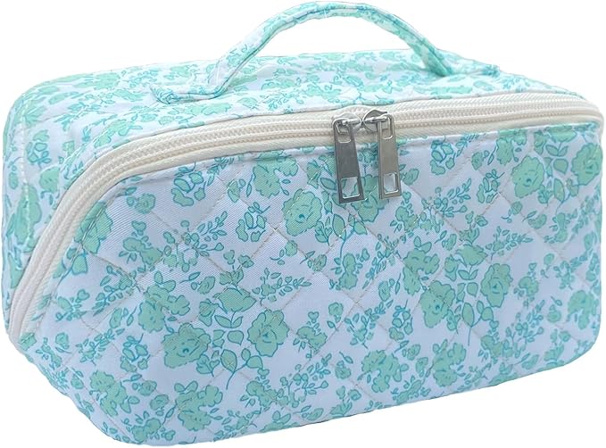 Green Large Quilted Floral Makeup Bag Cute Coquette Aesthetic Cosmetic Bag Open Flat Travel Toiletry Make up Bag for Women