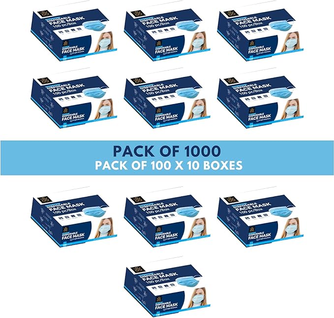 Disposable Face Mask | Pack of 1000 | Safety Face Mask | Non Woven Thick 3-Layer Breathable Mask | Adjustable Earloop, Mouth and Nose Protection | Dust Mask | Masks for Facial Cover