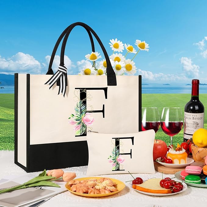 AYGE Personalized Initial Canvas Beach Tote, Monogrammed Gifts for Women, Makeup Bag, Birthday Gifts for Sister, Mom, Teacher, Bridesmaid (F)