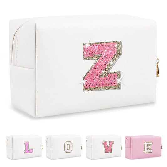 Small Initial Patch Makeup Bag Personalized Gifts Make Up Bag,White Cute PU Leather Glitter Letter Cosmetic Bag with Zipper,Trendy Portable Travel Toiletry Pouch,Preppy Stuff for Teen Girls Women Z
