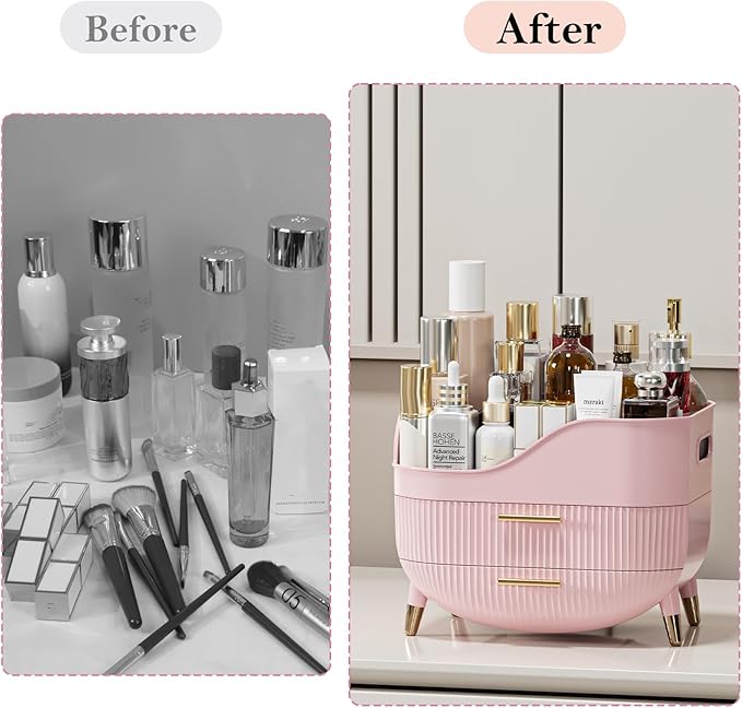 Makeup Organizer for Vanity, Large Capacity Skincare Cosmetic Organizer Countertop with 2 Drawers, Cosmetic Display Cases Makeup Storage Box for Bedroom, Bathroom, Ideal Gifts for Women(Pink)
