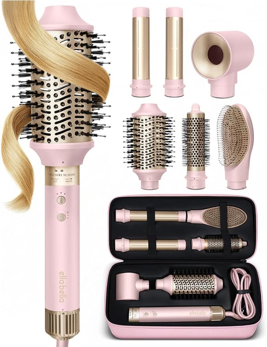 ELLA BELLA® 6 in 1 Professional Hot Air Styler • Powerful Hair Dryer & Straightener Set • Styling Without Heat Damage • Fast Drying Curling Volumizing Straightening • Protective Travel Case (Pink)