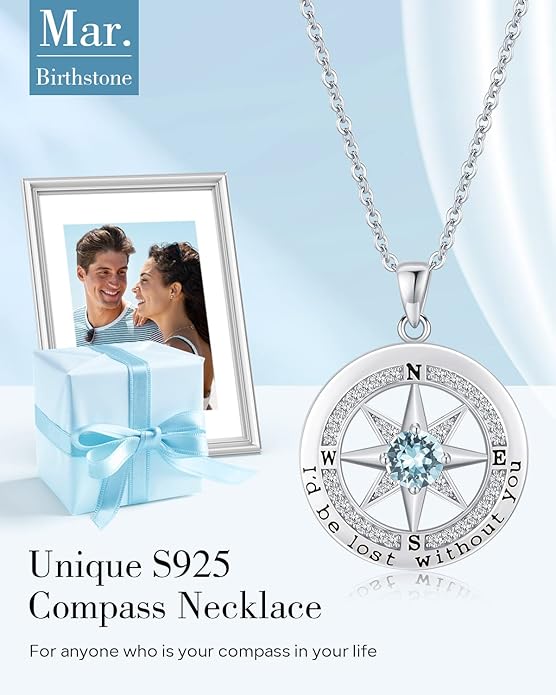 S925 Necklace Gift for Wife |Compass Jewelry |Women Anniversary |Sterling Silver |Girlfriend Birthday Gifts for Her Valentines |I'd be Lost without You |Jewel 18K Gold