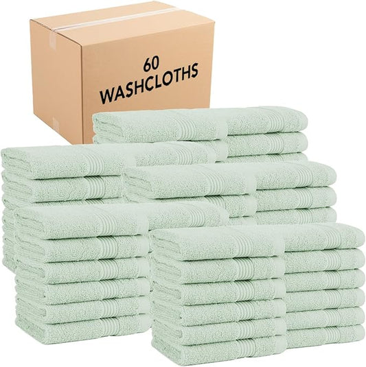 Arkwright Bath Washcloths 12 Pack - (Bulk Case of 60) Super Soft 100% Cotton, 600 GSM Quick Dry & Absorbent, Luxury Face & Body Wash Cloth Towels for Hotels, Spa, and Vacation Rental, Eucalyptus Green