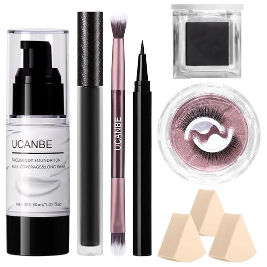 UCANBE Black Halloween Makeup Kit – Skeleton Skull Vampire Gothic Makeup Set for SFX Cosplay Costume -Eyeshadow, White Foundation, Black Lipstick & Eyeliner, Self Adhensive Eyelashes, Brush & Sponges