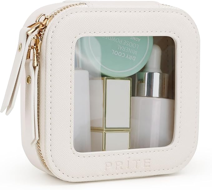 Prite Small Makeup Bag for Women Portable Clear Makeup Bag Cute Mini Waterproof Travel Cosmetic Bag with Gold Zipper for Car Essentials(Beige)