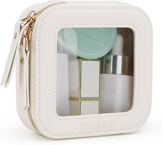 Prite Small Makeup Bag for Women Portable Clear Makeup Bag Cute Mini Waterproof Travel Cosmetic Bag with Gold Zipper for Car Essentials(Beige)