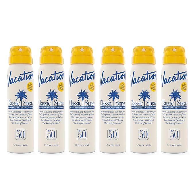 Vacation Mini Classic Sunscreen Spray SPF 50, Water-Resistant, Mini Sunscreen Bulk Party Favor, Sunblock Travel Size, TSA Suntan Lotion for Carry On, 1.7 Fl. Oz. (Value Pack of 6)