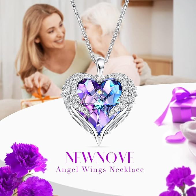 Preserved Real Purple Rose with Angle Wings Necklace, Forever Flowers Gifts for Mom Grandma Wife Girlfriend at Christmas Valentines, Anniversary Birthday Gifts for Women, I Love You Gifts for Her