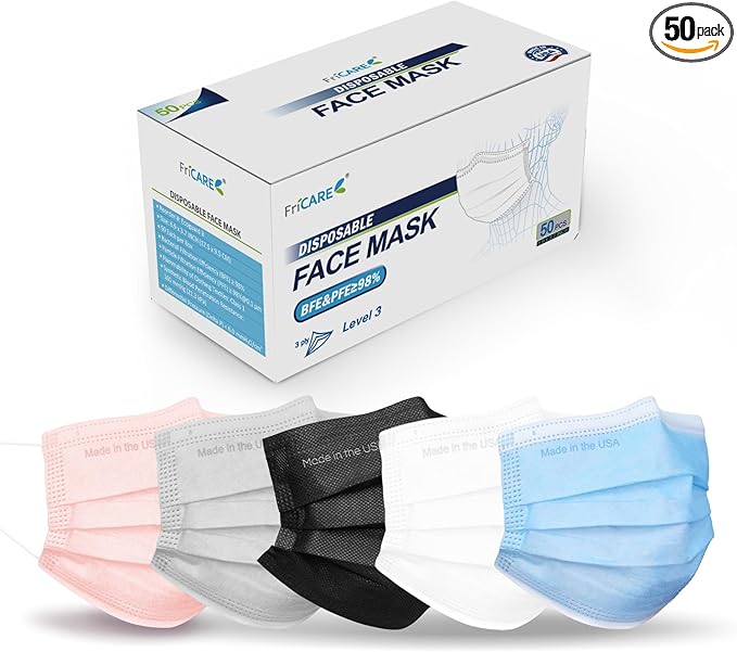 FriCARE Made in USA Disposable Face Masks, 3-Ply ASTM Level 3 Medical Grade, Breathable & Comfortable for Adult Daily Work/Sun Protection, 50 Pack Misty Morning