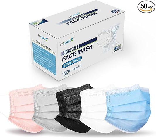 FriCARE Made in USA Disposable Face Masks, 3-Ply ASTM Level 3 Medical Grade, Breathable & Comfortable for Adult Daily Work/Sun Protection, 50 Pack Misty Morning