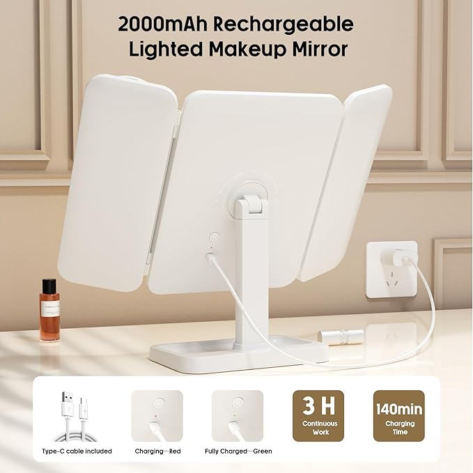 Vanity Mirror with Lights, Rechargeable Makeup Mirror with Magnification, 2X 3X 10X, 3 Colors Lights, Portable Travel Makeup Mirror, Gifts for Her Women