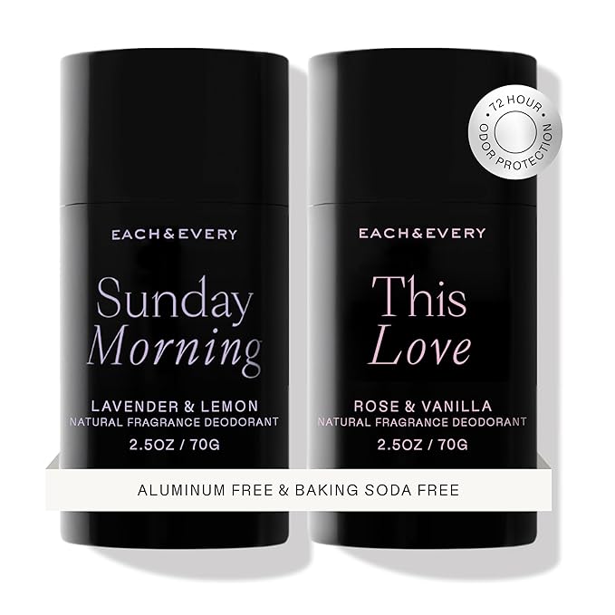 Each & Every Aluminum Free Deodorant for Women & Men, Lavender & Lemon + Rose & Vanilla - All Natural Deodorant for Sensitive Skin, EWG Verified - Clean, Baking Soda-Free, Plant-Based - 2.5oz, 2 Pack