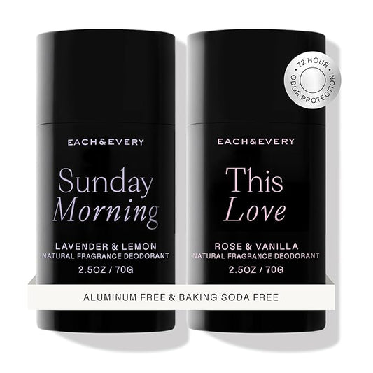 Each & Every Aluminum Free Deodorant for Women & Men, Lavender & Lemon + Rose & Vanilla - All Natural Deodorant for Sensitive Skin, EWG Verified - Clean, Baking Soda-Free, Plant-Based - 2.5oz, 2 Pack