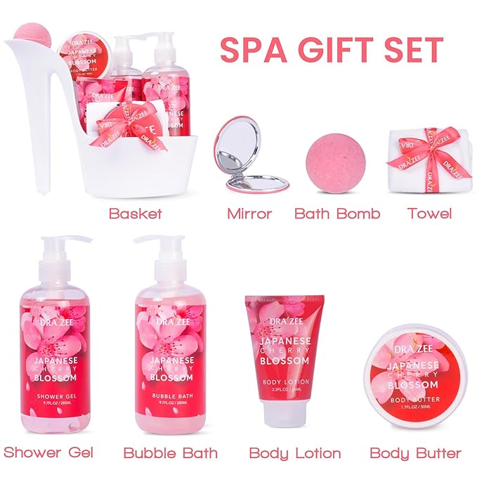 Luxury Spa Gifts for Women – 8 Pc Cherry Blossom Scented Bath and Body Set with Bubble Bath, Lotion & More – Luxury Self Care Kit for Wife, Mom, Girlfriend, Birthday Gifts for Women by Draizee