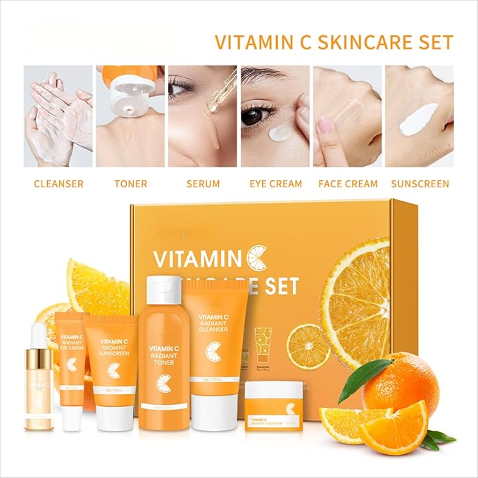 Vitamin C Skincare Set for Face - 6 Piece Kit with Cleanser, Serum, Eye Cream, Moisturizer, Sunscreen & Toner | Brightening, Hydrating & Anti-Aging | Perfect for Teens & Girls | Value Skincare Bundle