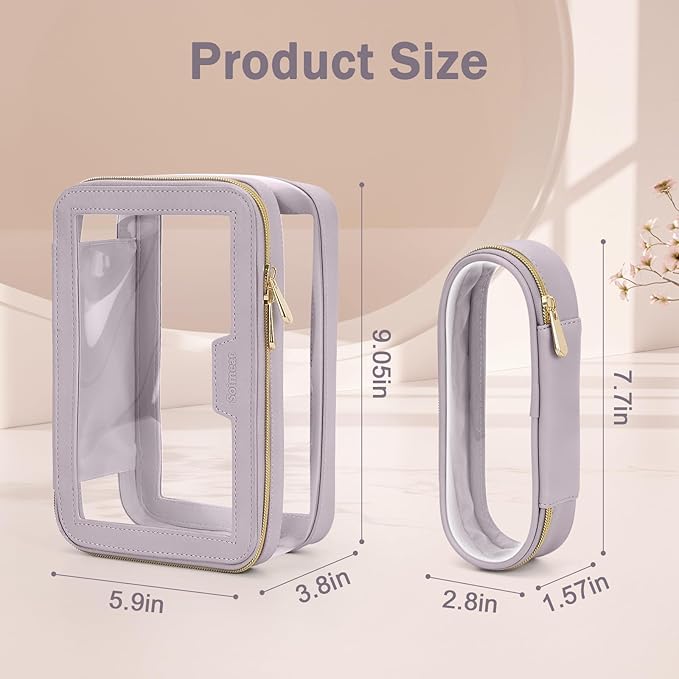 Travel Clear Makeup Bag with Makeup Brush Bag, Leather Makeup Case Toiletry Bag, Portable Cosmetic Bag Case, Transparent Waterproof Cosmetic Organizer Storage Bag for Women, Purple