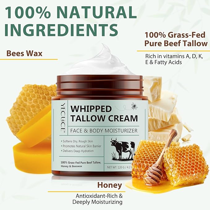 Beef Tallow for Skin, Tallow and Honey Balm, All Natural Moisturizer Hydrates and Nourishes the Skin, Deeply Moisturizing for Face & Body, Organic Grass Fed Whipped Beef Tallow & Honey Beeswax-4.2 Oz