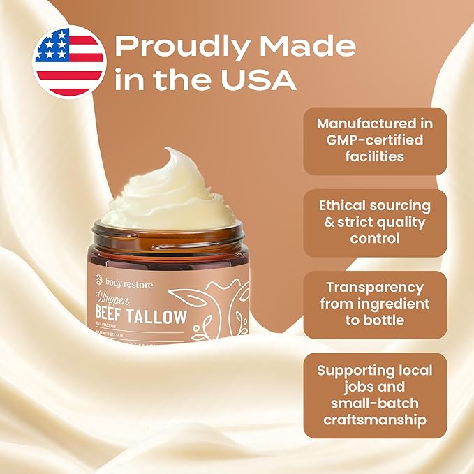 Body Restore Grass Fed Whipped Beef Tallow for Dry Skin, Face - Manuka Honey, Jojoba Oil, Christmas Stocking Stuffers, White Elephant, Birthday Gifts for Women, Men, Travel Essentials - Unscented