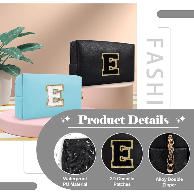 Personalized Initial A-Z Preppy Patch Makeup Bag,Small PU Chenille Letter Cosmetic Bag with Zipper for Teen Girls,Black Cute Toiletry Organizer Bag,Monogram Makeup Case Gift for Women Girls,Letter E