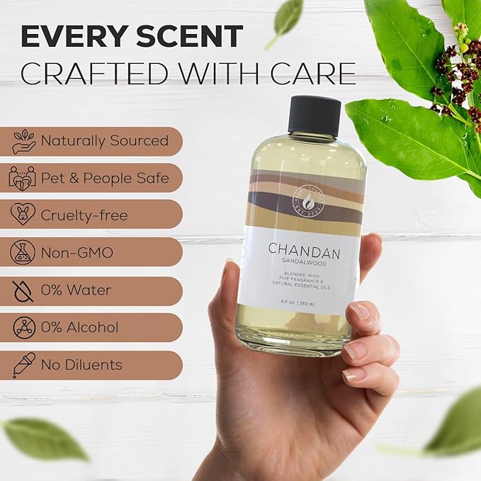 Aroma Country Chandan Diffuser Oil - Luxury Essential Oils for Diffuser Refill & Air Freshener Room Spray - Long-Lasting & Natural Home Fragrance, Sandalwood Scented Oil for Diffusers (8.5 Fl. oz)
