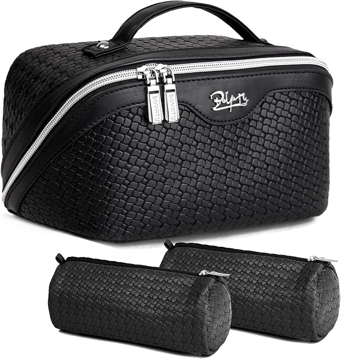 BOYATU Travel Makeup Bags for Women: 3-Set Large Capacity Make up Bags with Compartments - PU Leather Cosmetic Bag for Traveling (L15 Black)