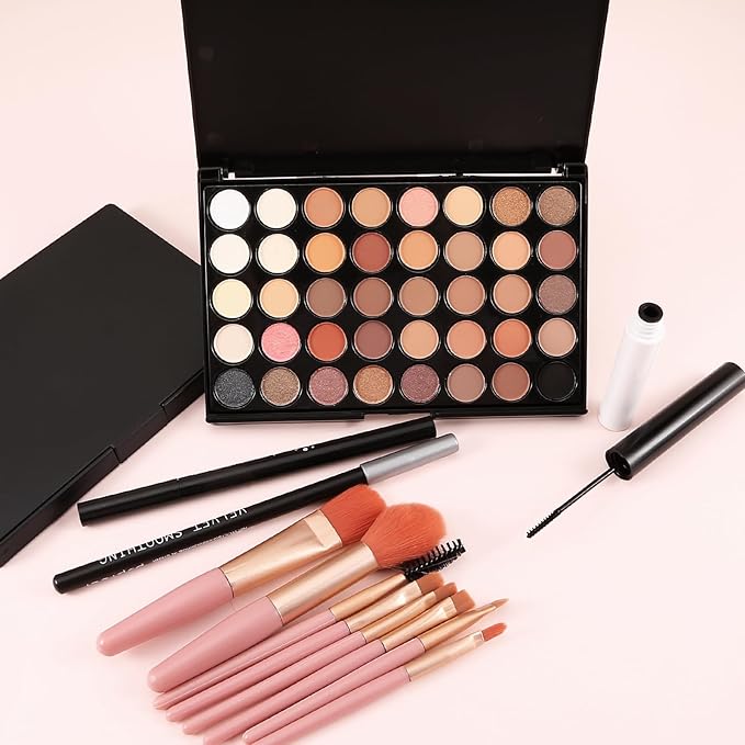 All In On Makeup Eye Set Cosmetics Kit for Teens and Adults, Includes Eyeshadow, Make Up Brushes, Mascara, Eyebrow Pencil, Eyeliner