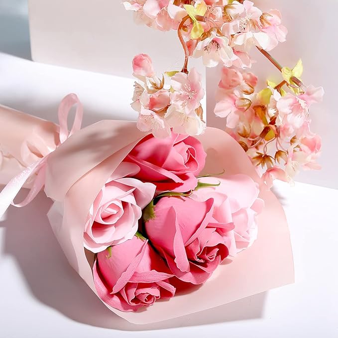 Bath and Body Gift Set for Women - Cherry Blossom Scent with Double-Layer Spa Gift Box, 5 Piece Home Spa Set Includes Shower Gel, Body Scrub, Body Lotion, Hand Soap, Rose Flower, Bath Set Gift for Her