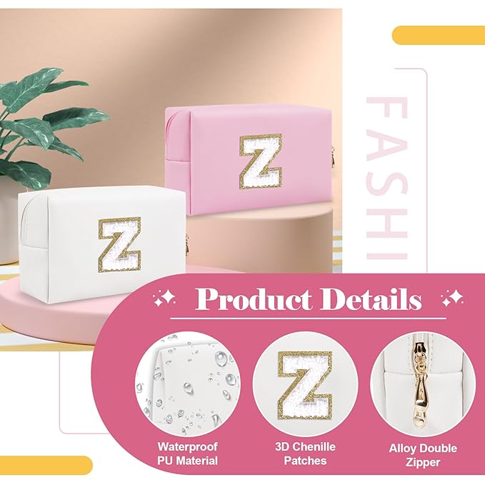 Small Personalized Initial A-Z Preppy Patch Makeup Bag,White PU Chenille Letter Travel Cosmetic Pouch with Zipper,Cute Toiletry Bag,Gift Ideal for Teen Girls Women Teacher Bridesmaid,Letter Z