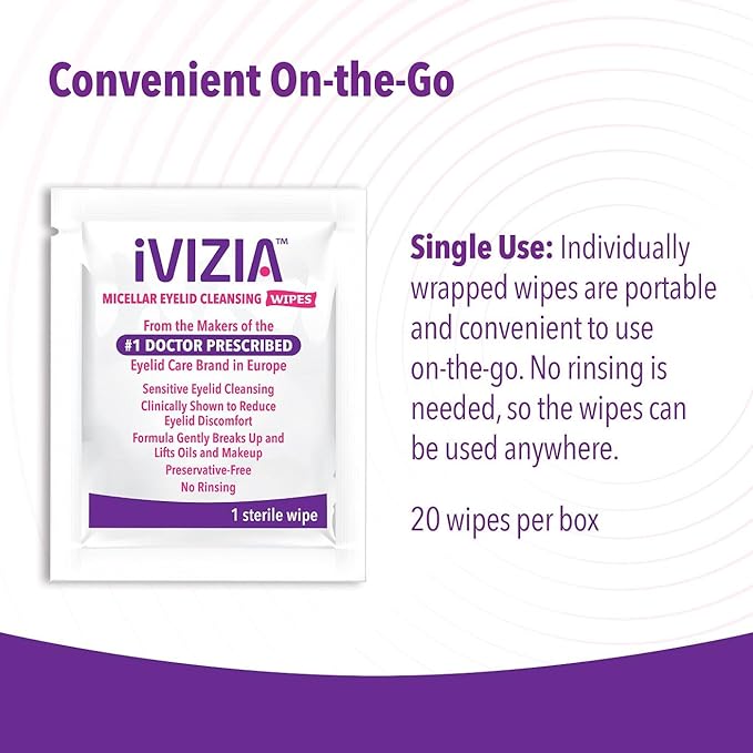 iVIZIA Eyelid Cleansing Wipes for Sensitive Eyelid Cleansing, Preservative-Free, Micellar, No Rinse, Gentle Eye Makeup Remover, 20 Sterile Single-Use Wipes for Eyelids Packaging May Vary