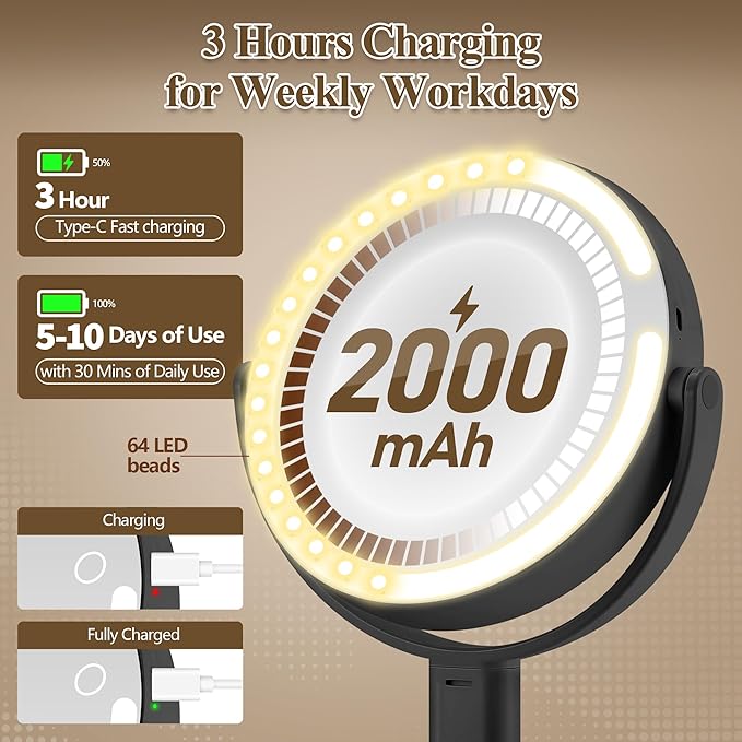 Makeup Mirror with Lights, Double Sided 1x/30x Magnifying Mirror with Light, Rechargeable 3 Color Lights and Adjustable Brightness, 360° Rotation Detachable Comes with Tweezer(Black)