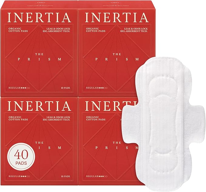 Truly Organic INERTIA Pads - The Prism with Wings for Women Regular Absorbency (40 Count) - The Best Absorbency, NO Petroleum-Based microplastic, Chlorine, or Fragrance. (Pack of 4)