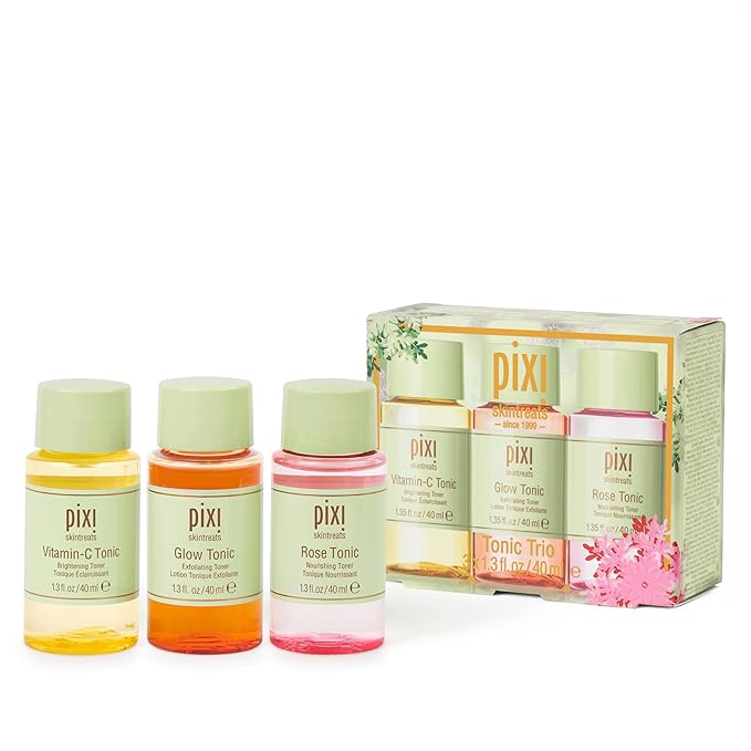Pixi Beauty Tonic Trio | Holiday Edition Gift Set with 3 Pixi Favorite Tonics | Glow Tonic, Vitamin- C Tonic, Rose Tonic | Calming, Hydrating, Gentle Exfoliating and Smoothing