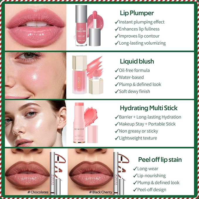 KIMUSE All in One Makeup Kit for Women, Girls, Teens with Makeup Bag, 4 Pcs Makeup Gifts Set Includes Lip Stain,Lip Plumper,Liquid Blush,Multi Balm Stick, Christmas Make Up Collection, Holiday Present