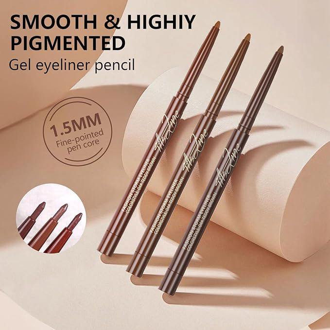 Noerrors 3Colors Brown Retractable Gel Eyeliner Set, Waterproof Silky Smooth Easy to Color Creamy Matte Eyeliner Pencil for Women, Long Wear Smudge Proof Eye Makeup Pen for Mature Eye with Sharpener