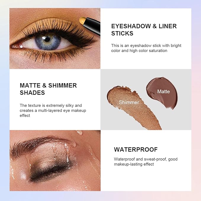 CHIFURE Eyeshadow Stick, Shimmer and Matte Cream Eye Shadow Brightener Sticks Eyeliner Pencil Crayon, Waterproof Long Lasting Eye Highlighter Stick Makeup,0.056 Oz(2PCS #6-Oyster+#9-Champagne)