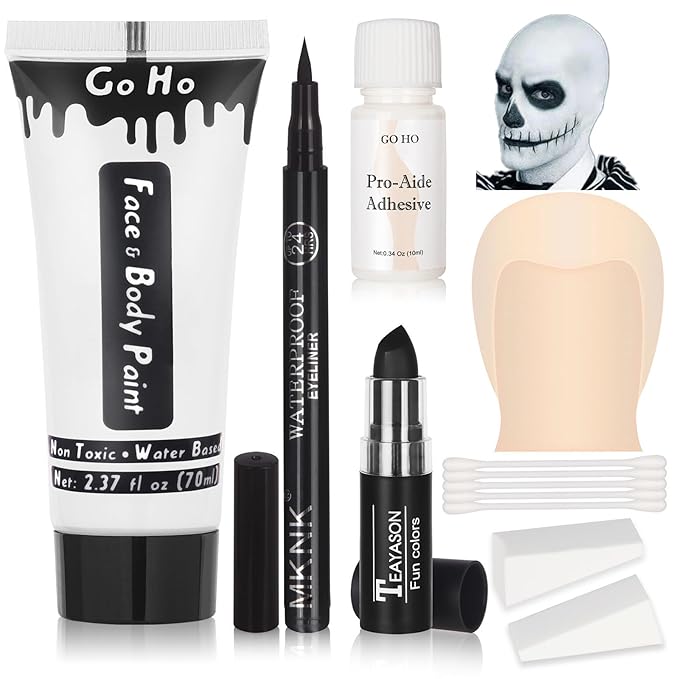 Go Ho Halloween Makeup Kit for Jack Cosplay Costume - Complete 8-Piece Professional Skeleton Makeup with Bald Cap,Pro-Aide Adhesive,White Body Paint,Black Lipstick,Black Eyeliner & Applicators